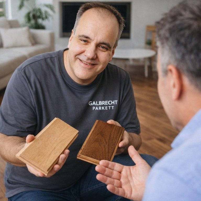 Marc Galbrecht Parkettleger Meister seit 2005 Lächelnder Mann mit kurzen Haaren und blauen Augen, hellgrauem T-Shirt.